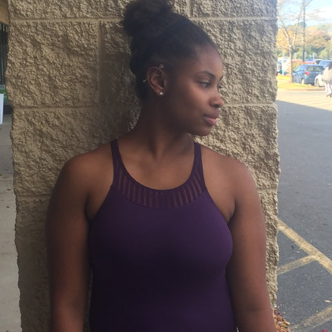 Adult Tank Leotard w/ Striped Mesh (Eggplant) - Dancer's Wardrobe